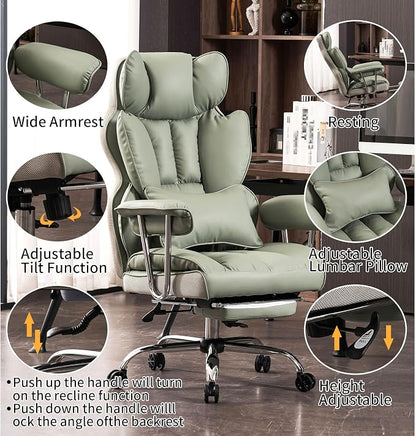 Efomao Big and Tall Office Chair 400lbs - Executive Office Chairs with Footrest, Heavy-Duty PU Leather Computer Chair for Heavy People, Light Green Home Office Desk Chairs | 400lbs support, 135° recline, dual-layer foam cushion, 23.5" seat & footrest. ...