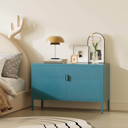 Metal Storage Cabinet,2 Door TV Stand, Metal Mesh Accent Cabinet,Magnetic Door Closure,Low Storage Cabinets with Doors and Shelves