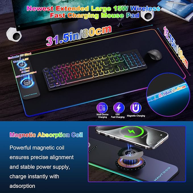 HAUTOCO RGB Gaming Mouse Pad with 15W Wireless Charging, 15 Light Modes, XXL Large Desk Mat 31.5"x15.75", Waterproof Ultra-Smooth Surface, Non-Slip Base, Computer Keyboard Mat for PC Laptop Office