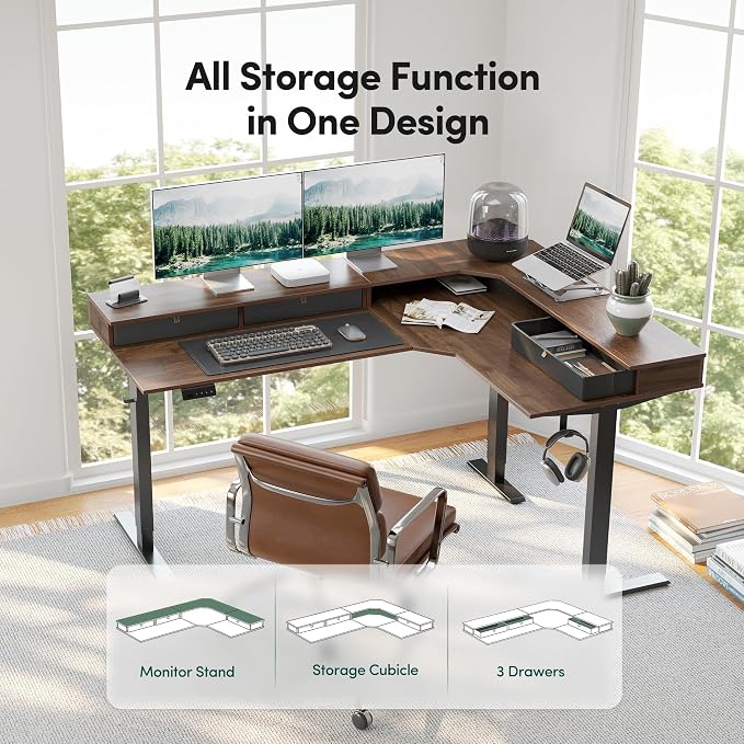 FEZIBO L Shaped Electric Standing Desk, 63x48 inch Large with Drawers | Reversible Tabletop, 2 Memory Height Settings | Home Office & Gaming Height-Adjustable Table, Black Walnut（2 Packages）