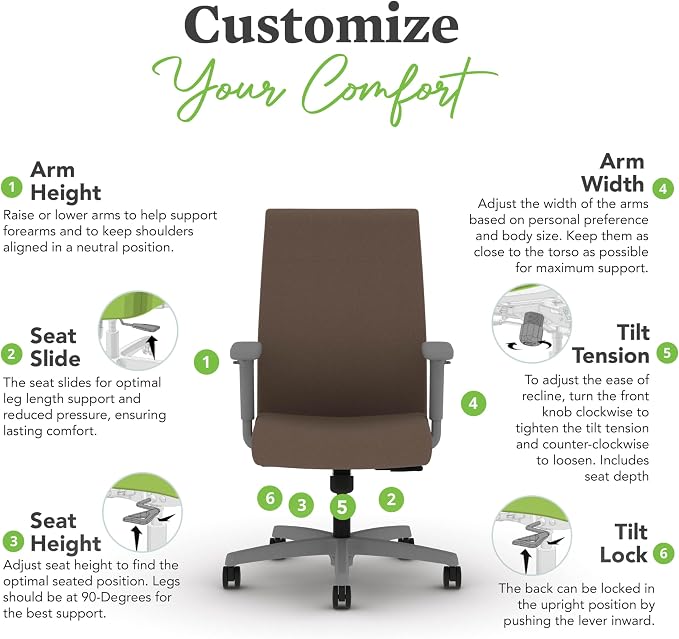 HON Ignition 2.0 Ergonomic Office Chair with Adjustable Arms, Standard Synchro‑Tilt Recline, Upholstered Desk and Computer Chair for Home Office or Workstation, Titanium Frame, Bark