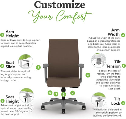 HON Ignition 2.0 Ergonomic Office Chair with Adjustable Arms, Standard Synchro‑Tilt Recline, Upholstered Desk and Computer Chair for Home Office or Workstation, Titanium Frame, Bark