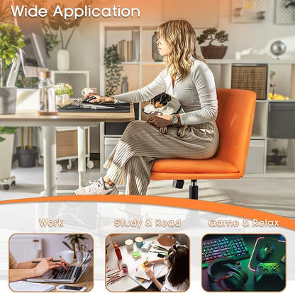 PUKAMI Criss Cross Chair,Comfy Cross Legged Office Desk Chair No Wheels,Modern Fabric Swivel Adjustable Height Mid Back Wide Seat for Home Office Computer (Pu Hermes Orange)