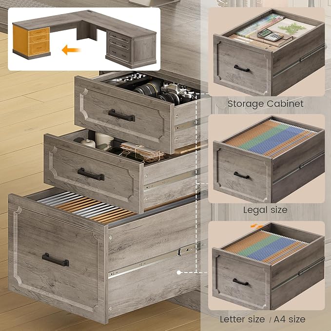 SEDETA Farmhouse 78.8" L Shaped Desk with 6 Drawers, Home Office Desk with Power Outlet, File Cabinet Storage, Wood Corner Computer Desk for Work and Study, Gray