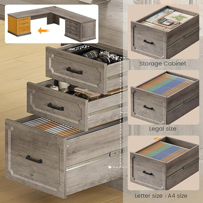 SEDETA Farmhouse 78.8" L Shaped Desk with 6 Drawers, Home Office Desk with Power Outlet, File Cabinet Storage, Wood Corner Computer Desk for Work and Study, Gray