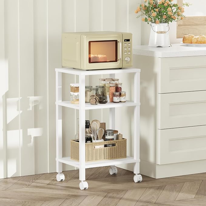 3-Tier Printer Stand with Storage, Mobile Printer Cart with Rolling Casters and Adjustable Feet, Under Desk Storage Shelf for Home Office,Small Printers, White, 15.7" x 11.8" x 25.9"
