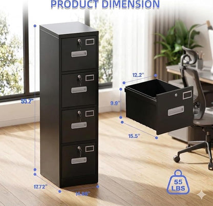 SUXXAN 4 Drawer File Cabinet with Lock and Name Card Slots, Heavy Duty Metal Vertical Filing Cabinet for Home Office for Letter/Legal/A4 Size, 17.72" D x 14.96" W x 55.2" H, Black
