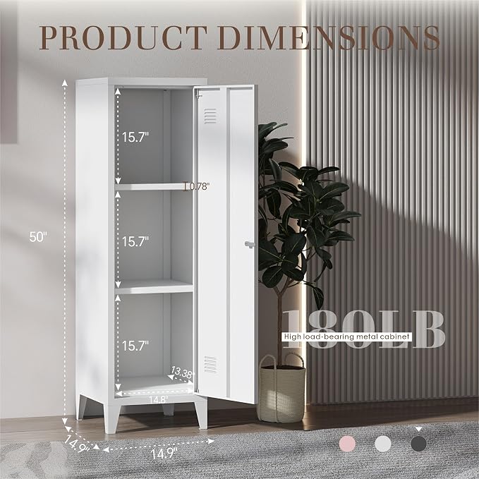 Locker Cabinet, 50" White Small Metal Locker Storage Cabinet for Employees with Locking Door and 2 Shelves Kids Locker Tool File Cabinets for Office, Garage