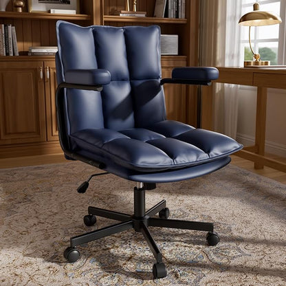 Ollega Mid Century Modern Desk Chair, Vintage Leather Office Chair, Blue | Petite Computer Chair for Small to Medium Women, Thickened Back, Cozy Seat, Adjustable Height for Home