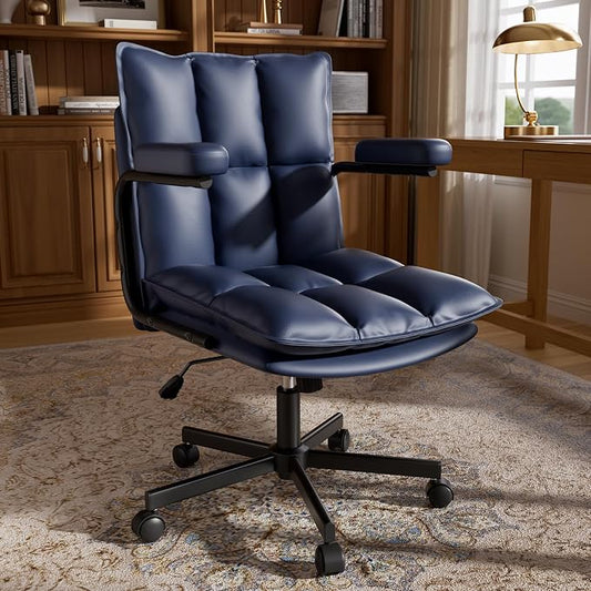 Ollega Mid Century Modern Desk Chair, Vintage Leather Office Chair, Blue | Petite Computer Chair for Small to Medium Women, Thickened Back, Cozy Seat, Adjustable Height for Home