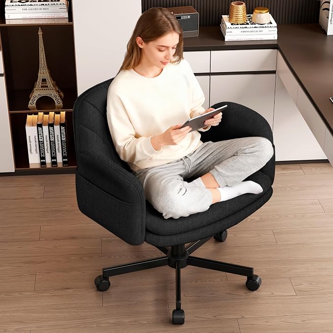 Vonesse Criss Cross Office Chair with Wheels & Armrests, Height Adjustable Vanity Chair, Makeup Chairs with Side Pockets Design, Comfortable Computer Desk Chairs for Home (Linen Fabric,Black)