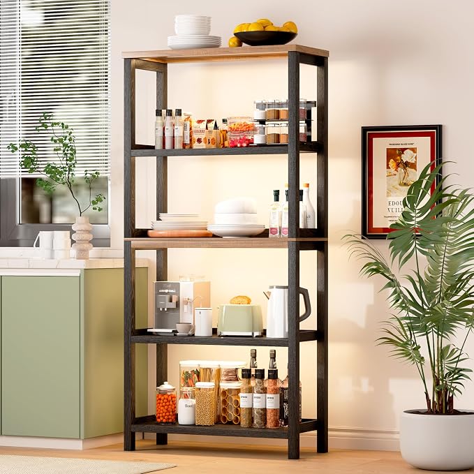 Vlsrka Wooden Bookshelf with Lights, 5 Tier Bookshelf with Storage, Tall Bookcase with Open Shelves, Standing Bookshelves Display Rack for Living Room, Home Office, Black