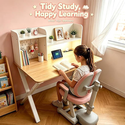 44"×24" White Computer Desk Home Office Gaming Desk with Charging Station Pegboard Motion Sensor Light, Modern Study Desk for Bedroom Living Room Game Kids Room Nursery