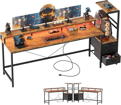 Mericonia 68 inch Gaming Desk with LED Lights & Power Outlets, Reversible Computer Desk with Storage Drawers & Monitor Stand, Large Gaming Table for Home Office