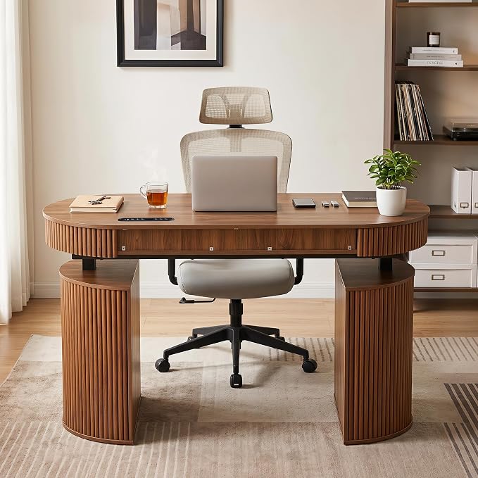 ORRD Electric Standing Desk with Storage and USB & Type-C Charging Ports, Adjustable Height Stand Up Desk, Mid Century Modern Fluted Workstation Desk for Home Office (Walnut)