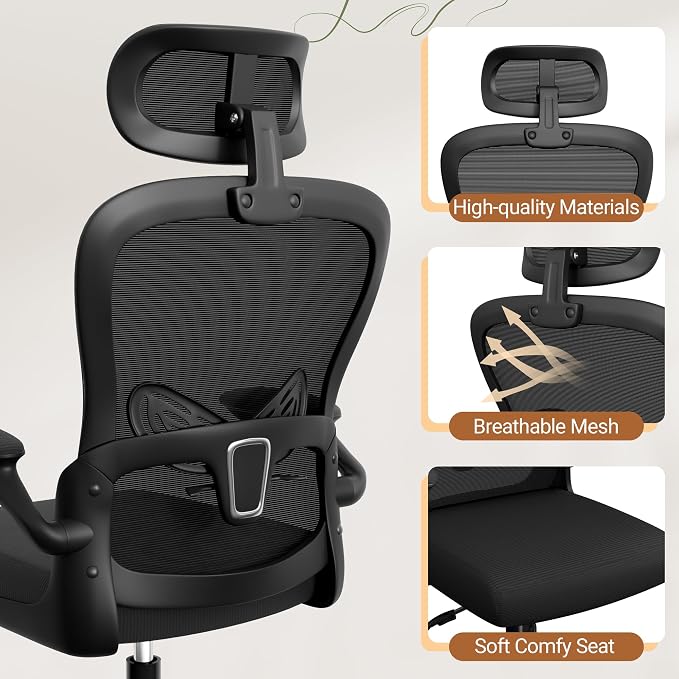 Homall Ergonomic Office Computer Chair，Computer Desk Chair with 3D Headrest Adjustable Lumbar Support，High Back Mesh Chair with Wheels for Office and Working from Home