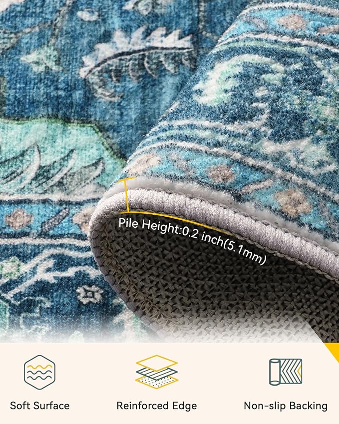 RELEANY Area Rugs Large 10'x12' Washable Non-Slip, Floral Vintage Distress Medallion Carpet for Living Room Bedroom Dining Room, Teal Green Lake Blue Turquoise