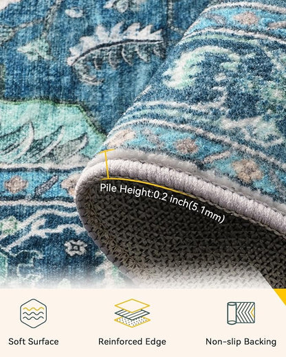 RELEANY Area Rugs Runner 2'x10' Washable Non-Slip, Floral Vintage Distress Medallion Carpet for Kitchen Hallway Bedroom Beside Laundry Room Bathroom, Teal Green Lake Blue Turquoise