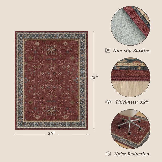 36"x48" Boho Burgundy Office Chair Mat for Hard Wood & Tile Floor, Low Pile Carpet Floor Protector for Rolling Chair, Machine Washable Under Desk Rug, Non Slip Rubber Backing