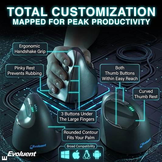 Evoluent – World's Original Vertical Mouse, Wired Ergonomic Mouse for Right Hand, Medium to Large, Helps with Carpal Tunnel and Wrist Strain, Customizable 6 Buttons, 4 Speed Settings, Comfortable Grip
