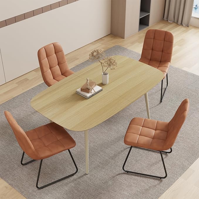 HIPIHOM 55.1'' Dining Table Set for 4,Modern Wood Dining Table,Leather Dining Chairs 4,Table and Chairs Set of 4,Ideal for Kitchen Dining Room (Cat Scratch Table + 4 U-Shaped Brown Chairs, 55.1")