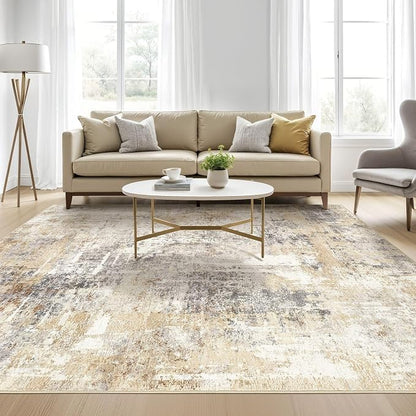 Square Rug 8x8 Living Room: Large Washable Abstract Modern Soft Area Rug Stain Resistant Indoor Floor Non-Slip Accent Carpet for Bedroom Nursery Playroom Dining Room Office Dorm Home Decor- Gray Gold