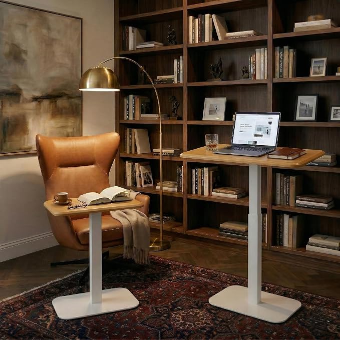 Elevance Height Adjustable Side Table, White Base, Golden Maple Top | Sofa Laptop Table for Couch & Bed | Small C-Shape End Table for Home or Office