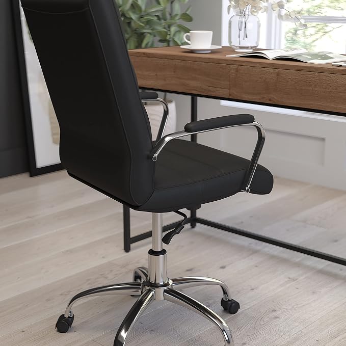 Merrick Lane Milano Contemporary High-Back Black Faux Leather Home Office Chair with Padded Chrome Arms