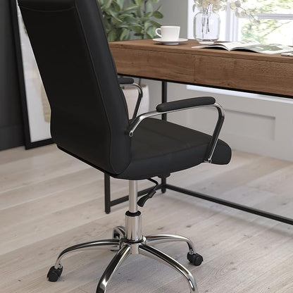 Merrick Lane Milano Contemporary High-Back Black Faux Leather Home Office Chair with Padded Chrome Arms