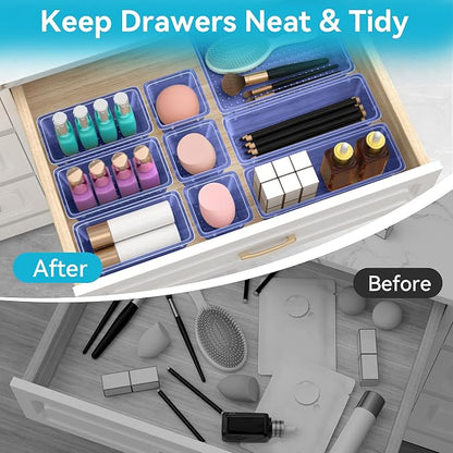 ElegantArray 12 PCS Drawer Organizer Set, 4 Sizes Tool Storage Trays, Clear Plastic Makeup Vanity Organizer and Storage Bins for Stationeries, Multiple Gadgets for Office, Bedroom, Navy Blue