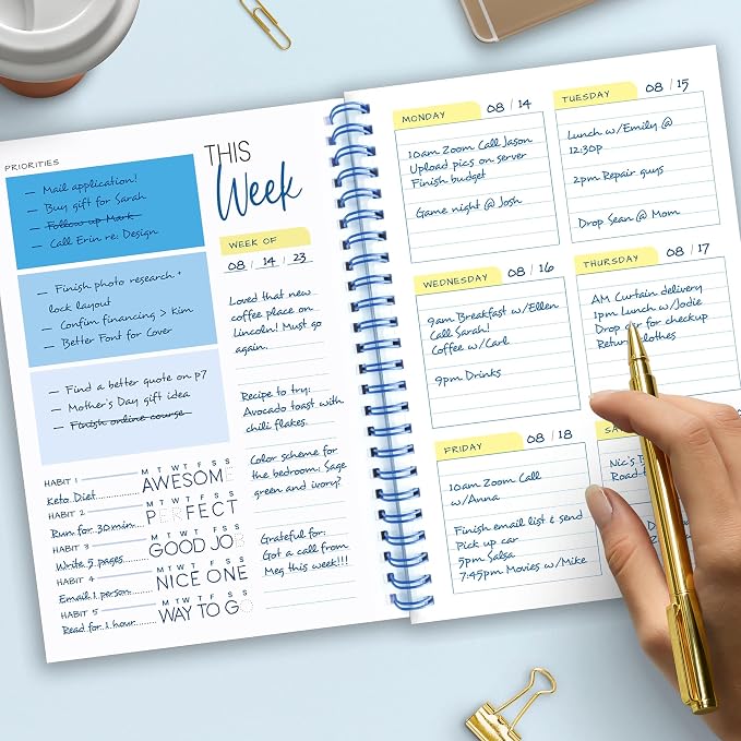 Weekly Planner Spiral Bound Notebook A5 - Undated Planner - To Do List Notebook - Habit Tracker - 52 Weeks - Daily Planner Undated for Home Work Office Business - Goal Planner - Cute Planner - Blue