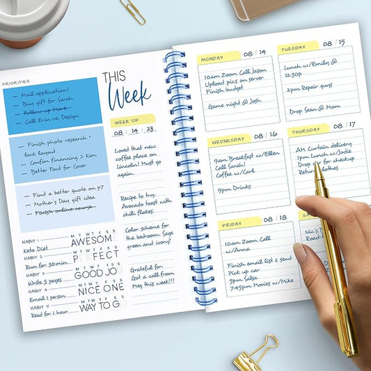 Weekly Planner Spiral Bound Notebook A5 - Undated Planner - To Do List Notebook - Habit Tracker - 52 Weeks - Daily Planner Undated for Home Work Office Business - Goal Planner - Cute Planner - Blue