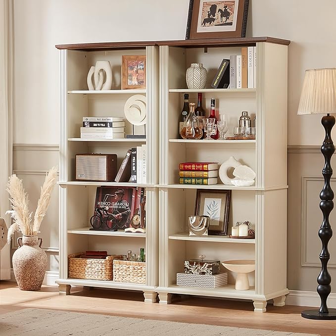 SAVOR LIFE 70" Tall White Bookshelf,5 Tier Wood Book Shelf with Adjustable Shelves & Wood Legs,Free Standing Farmhouse Bookcase with Open Display Storage,Vintage Kids Bookshelves for Nursery,3PCS