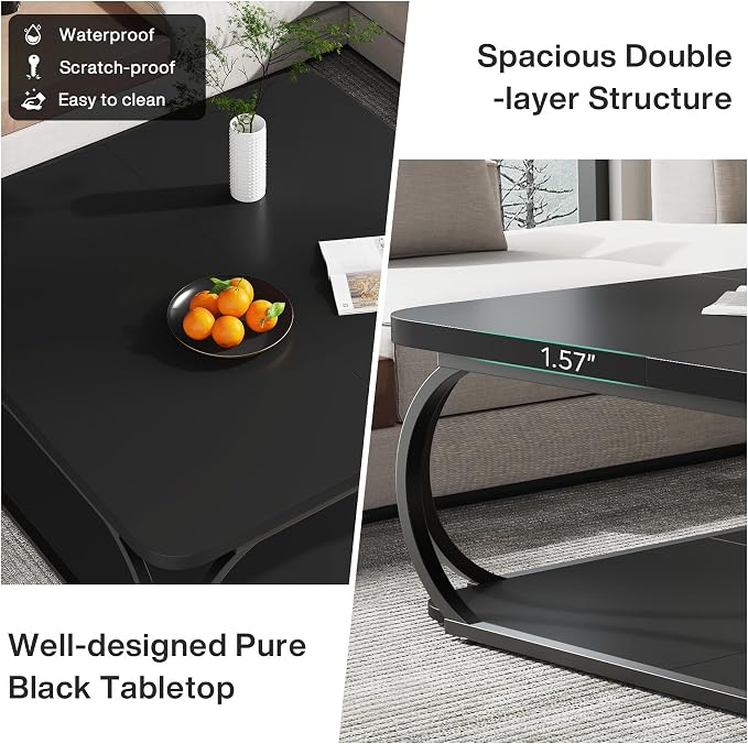 Tribesigns Square Coffee Table with Open Storage Shelf for Living Room, 39 Inch Large Wood Center Table 2 Tier Low Coffee Tables Farmhouse Tea Table with Metal Frame for Home Office, Black