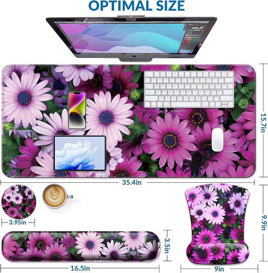 Desk Mat Set + Keyboard and Mouse Pad with Wrist Rest Support,4-in-1 Large Mousepad Computer Mats for Desktop Home & Office -Daisy