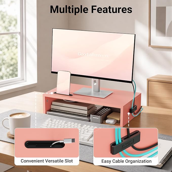 BONTEC Monitor Stand Riser with Cellphone Holder & Cable Management, 16.7 Inch Wood Monitor Riser Stand, Desktop Stand for PC/TV/Laptop/Printer, Pink