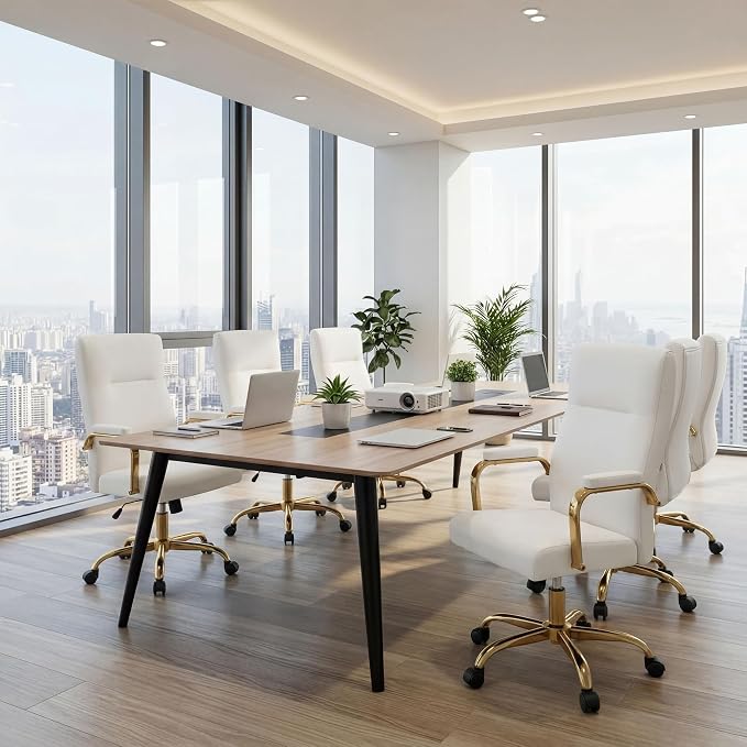 White and Gold Office Desk Chair,Leather Conference Room Chairs with Wheels,Modern High Back Executive Office Chair with Memory Foam,Ergonomic Swivel Computer Chair for Home Office