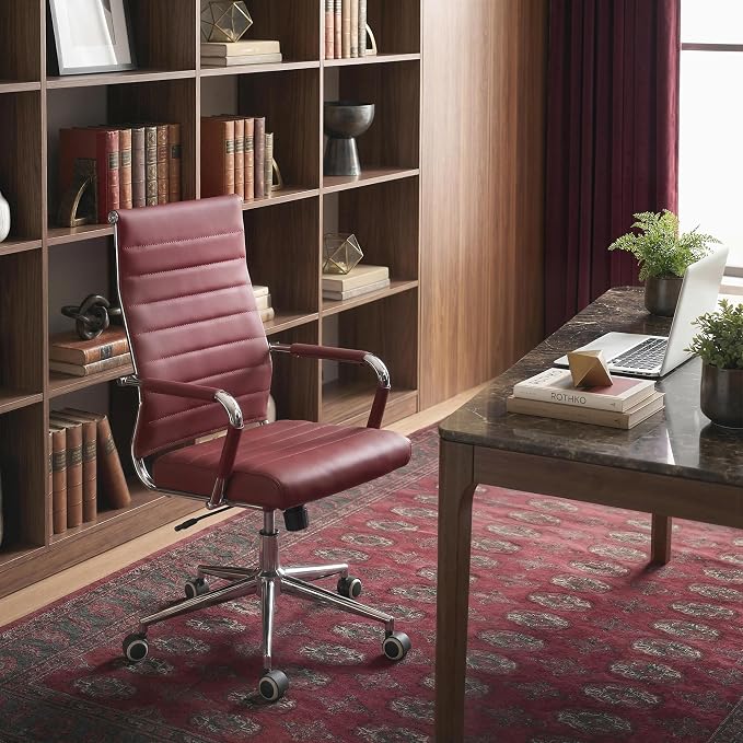 Red Office Desk Chair, Ergonomic Leather Modern Conference Room Chairs, Executive Ribbed Height Adjustable Swivel Rolling Chair for Home Office. (Red)