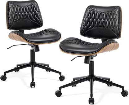 Walnut Bentwood Mid Back Armless Office Chair 2 Pack, Adjustable Height PU Leather Swivel Desk Chair with Wheels, Rolling Computer Task Chair for Home Office, Study, Meeting Room