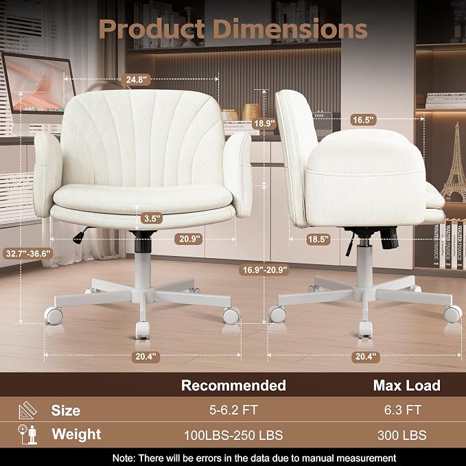 Vonesse Criss Cross Office Chair with Wheels & Armrests, Height Adjustable Vanity Chair, Makeup Chairs with Side Pockets Design, Comfortable Computer Desk Chairs for Home (Linen Fabric,White)