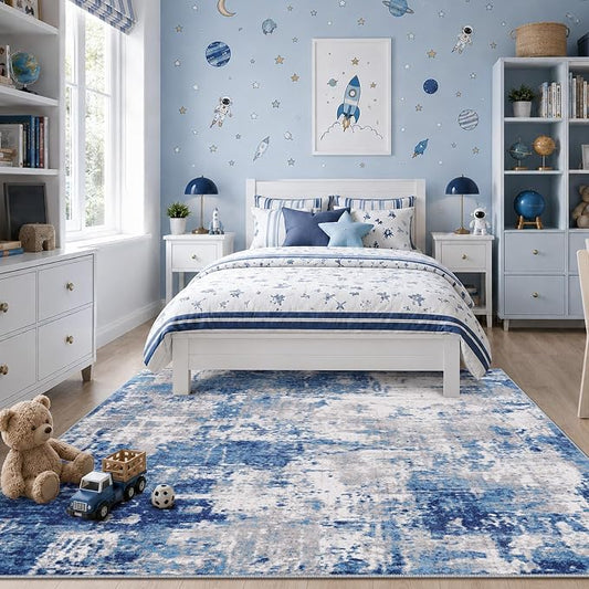 RELEANY Washable Area Rugs 6'x9' Non-Slip Modern Abstract Soft for Living Room Entryway Bedroom Kitchen, Print Pattern, Blue Grey Navy Gray