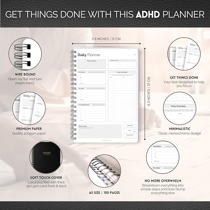 ADHD Daily Planner for Neurodivergent Adults - Productivity Daily Planner & Task Management to Stay Organized and Focused (Mono)