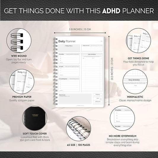 ADHD Daily Planner for Neurodivergent Adults - Productivity Daily Planner & Task Management to Stay Organized and Focused (Mono)