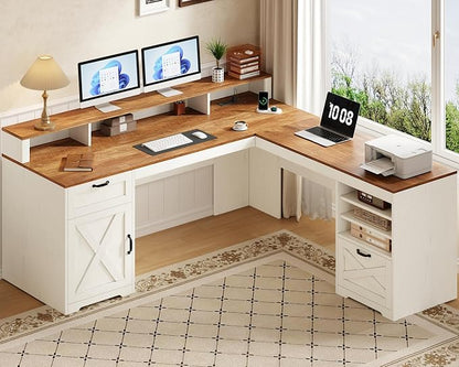 YOMILUVE Farmhouse 63" L Shaped Desk with Drawers and Storage Shelf, Home Office Desk with Power Outlets, Storage Cabinet, Corner Computer Desk with Long Monitor Stand, Brown and White