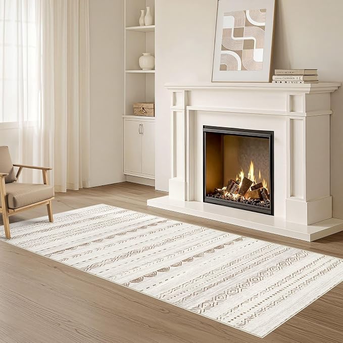 Nakagishi Runner Rug Kitchen Washable Rugs: 2x6 Non-Slip Boho Soft Modern Stain Resistant Indoor Floor Neutral Farmhouse Throw Carpet for Hallway Bathroom Laundry Room Entryway Bedroom- Beige