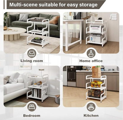 Natwind 3-Tier Printer Stand with Wheels Movable Storage Cart Floor-Standing Multi-Purpose Shelf Rack for Media Player Scanner Files Books Microwave Oven in Kitchen Living Room Home Office (White)