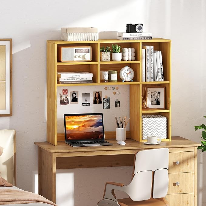 GOFLAME 7 Cubes Desktop Bookshelf, 37” Desk Organizer Shelf with 3 Adjustable Shelves, 3-Tier Wood Countertop Display Rack, Multipurpose Tabletop Desk Hutch for Dorm, Home Office, Burlywood