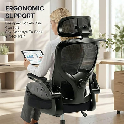 Ergonomic Mesh Office Chair,330LB Capacity High Back Desk Chair with Adjustable Lumbar Support, Adjustable Headrest & Flip-Up Arms,Breathable Computer Chair for Home Office,Work & Study,3pcs