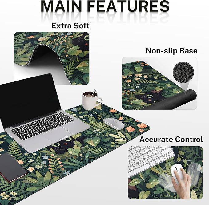 Britimes Green Plants Keyboard Mouse Pad Set Cute Black Cat 4in1 Large Mousepad+Keyboard Wrist Rest+Mouse Wrist Rest+Coaster Ergonomic Design for Home Office Computer 35.4x15.7 inches