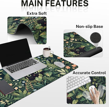Britimes Green Plants Keyboard Mouse Pad Set Cute Black Cat 4in1 Large Mousepad+Keyboard Wrist Rest+Mouse Wrist Rest+Coaster Ergonomic Design for Home Office Computer 35.4x15.7 inches